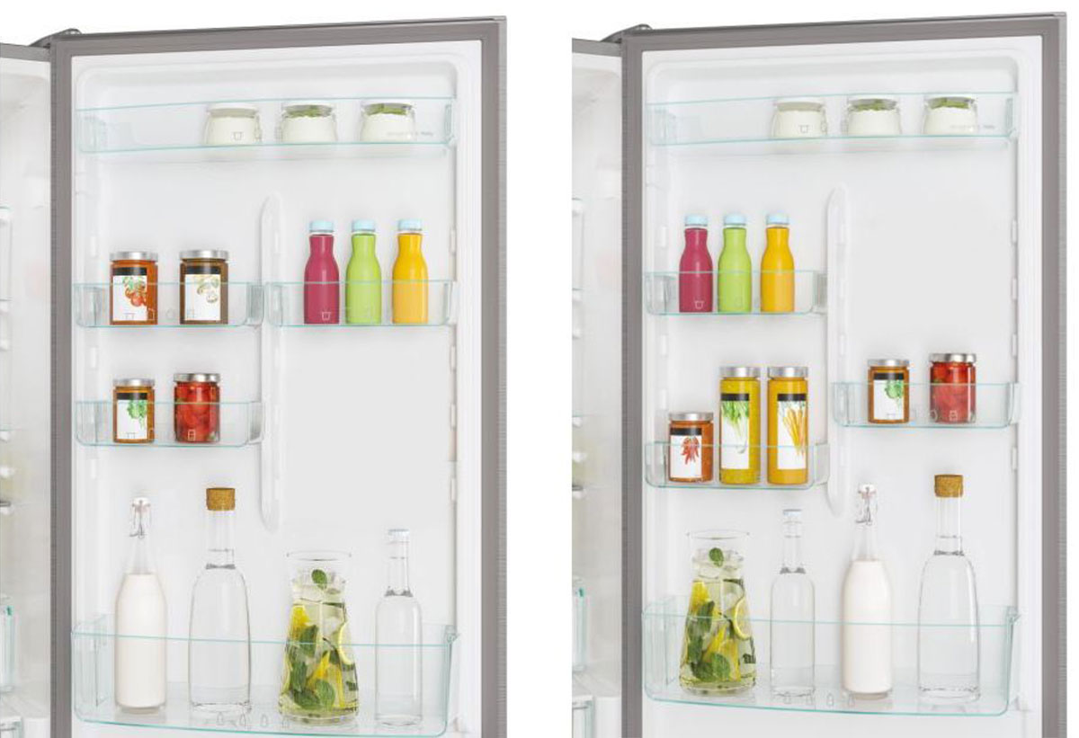 Εμφανίζονται δύο διαφορετικές εικόνες του ψυγείου CCE7T620EX όσο είναι ανοιχτό, με δύο διαφορετικούς τρόπους κατανομής των ραφιών στην πόρτα.